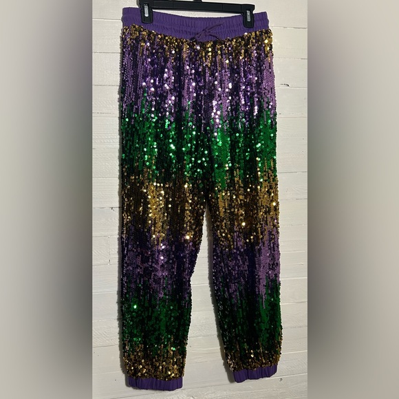 Bibi sequined joggers, Mardi Gras colors, purple, green and gold. Women’s large. - Picture 2 of 7